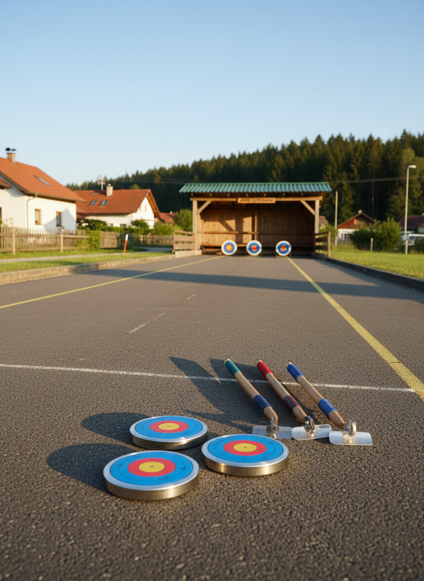 A carefully composed scene of an outdoor asphalt stockschützen lane at ASKÖ Luftenberg, shown in photographic realism on a clear, cool day. The foreground features several stockschießen targets and polished stocks resting on the smooth, slightly worn dark surface, their colored handles and metal bases catching light. Painted guide lines lead the eye toward a simple wooden shelter and low safety boards at the end of the lane. Soft side lighting from a low afternoon sun creates elongated shadows that emphasize the lane’s texture and directionality. The background includes gently blurred rural houses and tree lines, suggesting the club’s village setting. The atmosphere feels traditional and communal, yet precise. The image is framed using rule of thirds from a low, diagonal angle, highlighting the sport’s unique equipment and the meticulous preparation of the playing area.