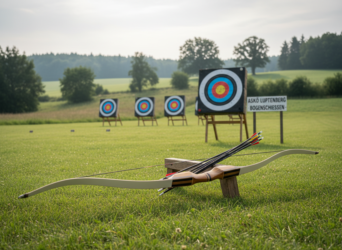 An atmospheric outdoor archery range tied to ASKÖ Luftenberg, captured in photographic realism during a quiet, bright morning. In the foreground, a well-crafted wooden recurve bow rests horizontally on a simple stand, its laminated limbs and taut string clearly detailed. A neat cluster of carbon arrows with colorful fletchings lies beside it on short, trimmed grass. In the middle distance, a row of classic round archery targets with vivid colored rings stands against a backdrop of gentle rolling hills and scattered trees. Soft, diffused sunlight from a slightly overcast sky creates subtle highlights on metal arrow tips and bow surfaces, with gentle, natural shadows. The mood is concentrated and serene. Shot from a slightly low, three-quarter angle, the composition uses a shallow depth of field to keep the bow and nearest target in crisp focus while softly blurring the distant landscape.