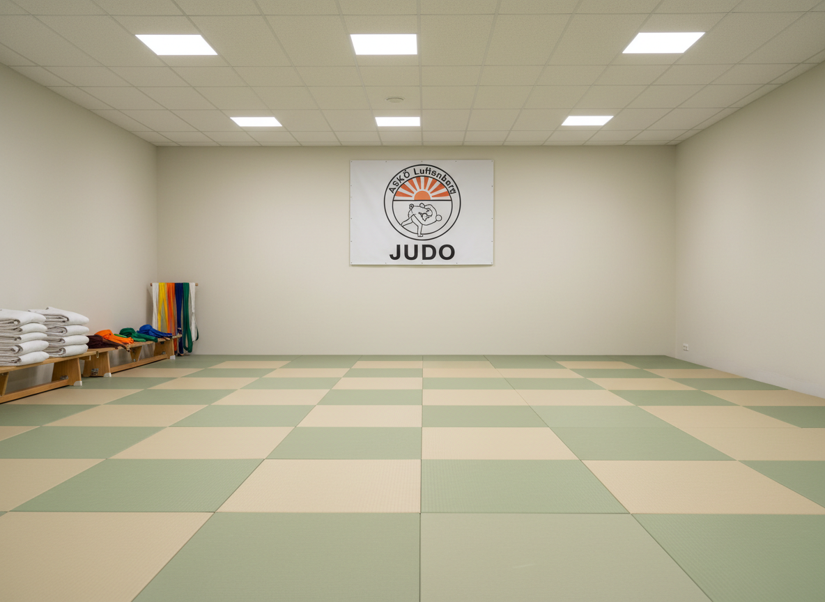 A dedicated indoor Judo training space associated with ASKÖ Luftenberg, rendered in clean photographic realism and shown without people. The foreground features an expansive tatami area composed of alternating light-green and beige mats, edges precisely aligned. Along one wall, neatly folded white judo uniforms and carefully arranged colored belts sit on a low wooden bench, their cotton textures and stitching sharply detailed. At the far end, a simple banner with the club emblem and the word “Judo” hangs on a neutral wall. Soft, diffuse LED ceiling lighting illuminates the room evenly, minimizing shadows and creating a calm, focused atmosphere. The composition is symmetrical, shot at eye level looking straight down the length of the mat area, emphasizing structure, discipline, and respect central to martial arts practice.