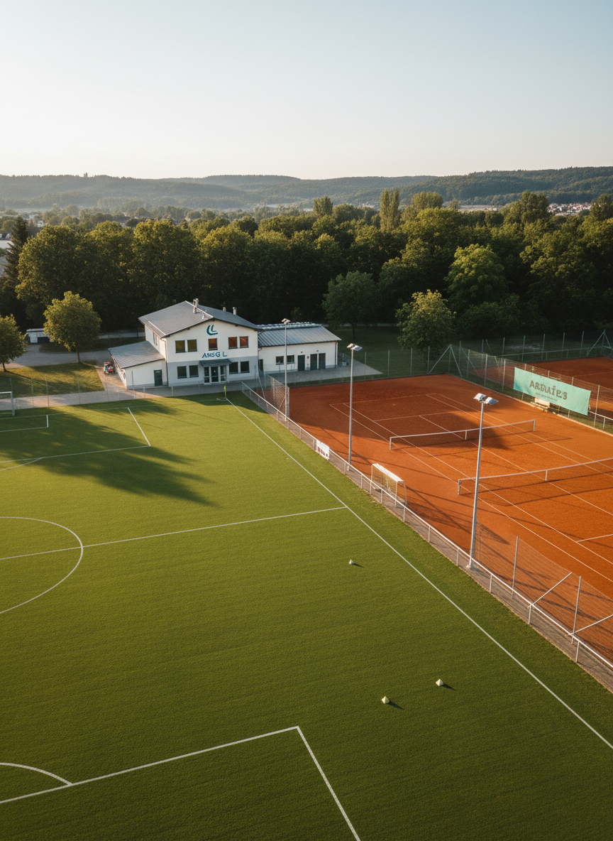 A meticulously maintained multi-sport facility of ASKÖ Luftenberg, captured in photographic realism from a slightly elevated angle during a clear late afternoon. In the foreground, a lush green football pitch with crisp white lines and neat corner flags stretches across the frame. To one side, immaculate red-clay tennis courts lie parallel, their nets perfectly tensioned. Behind them, a tidy clubhouse with neutral facades and the club logo on subtle signage anchors the scene. Soft golden sunlight bathes the entire complex, casting long, gentle shadows and emphasizing the textures of grass, clay, and painted metal railings. The background is softly blurred trees and surrounding hills, creating a calm yet energetic atmosphere. The composition uses the rule of thirds, with sharp focus on the sports surfaces to convey professionalism, tradition, and regional community spirit.