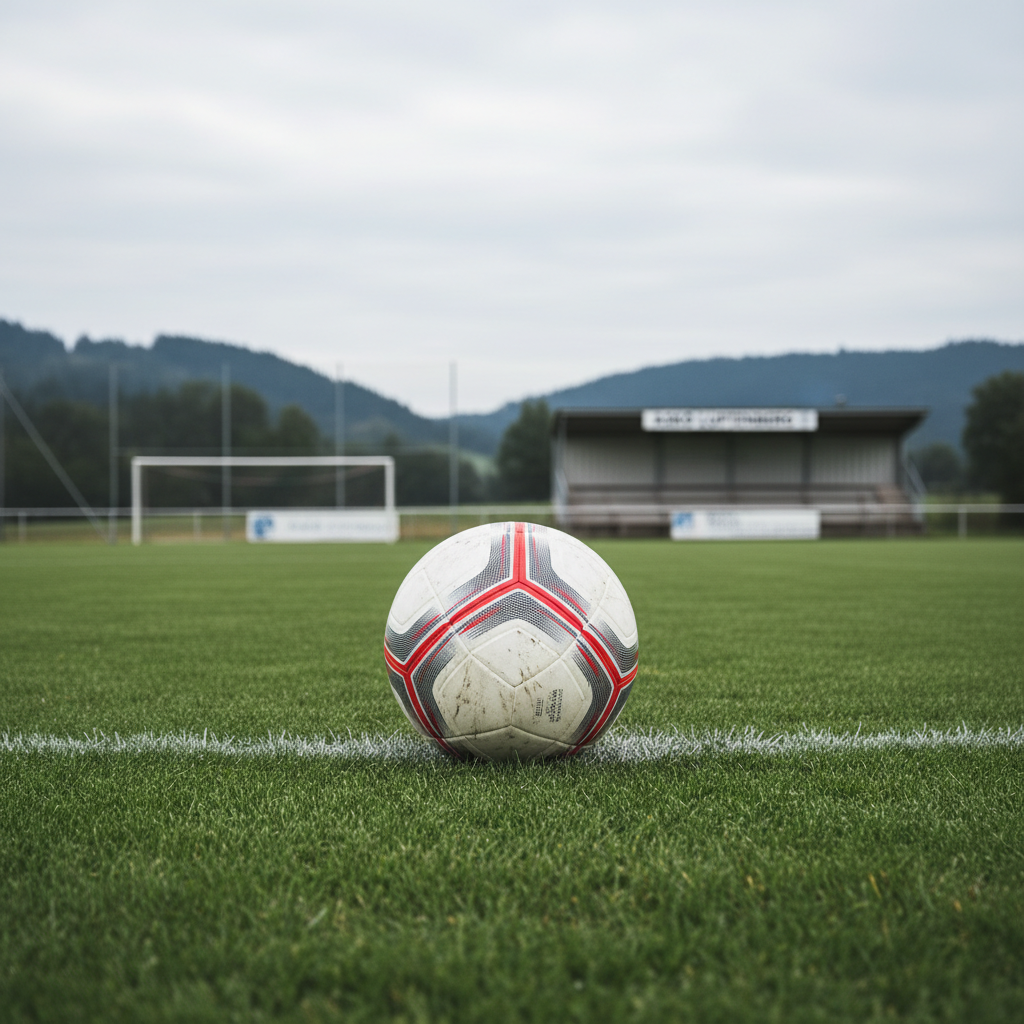 A close-up, photographic realism view of a modern football resting exactly on the center spot of ASKÖ Luftenberg’s home pitch. The ball’s textured white panels with subtle grey and red accents show faint scuff marks, conveying active use. It sits on perfectly trimmed, dew-kissed green grass, individual blades clearly defined in the crisp focus. Early morning overcast light creates a soft, even illumination with no harsh shadows, adding a calm, focused mood. In the softly blurred background, goalposts, a simple stand, and distant hills subtly suggest the rural club environment. Shot from a very low, near ground-level angle with shallow depth of field, the composition emphasizes anticipation and concentration, ideal as a hero image for a traditional, community-focused sports club.