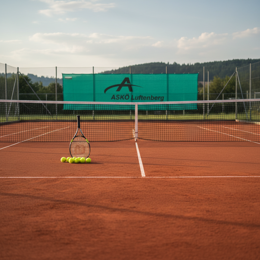 Two pristine, tensioned tennis courts of ASKÖ Luftenberg viewed in photographic realism from an eye-level sideline perspective. The red-clay surface is finely raked, with crisp white boundary lines leading the eye toward a simple green windscreen that carries a subtle club logo. A row of neatly arranged tennis balls and two modern rackets rest near the net post, their strings and grip textures clearly visible. Soft late-afternoon sunlight filters through light clouds, creating gentle shadows from the net and surrounding low fences, enhancing surface texture without harsh contrast. The mood is quietly energetic and disciplined, suggesting structured training. The composition follows the rule of thirds, with the net line drawing a strong horizontal and shallow depth of field softly blurring distant trees and low hills beyond the court.