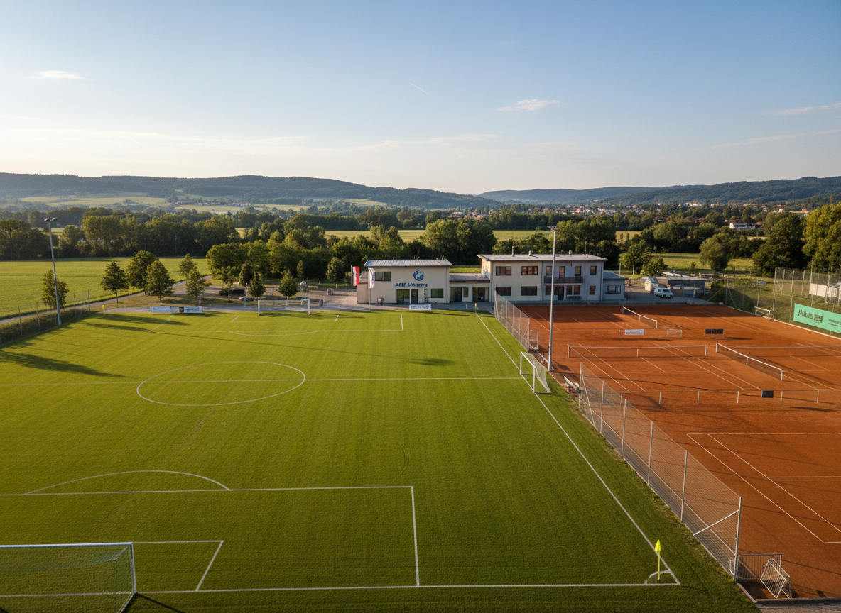 A meticulously maintained multi-sport facility of ASKÖ Luftenberg, captured in photographic realism from a slightly elevated angle during a clear late afternoon. In the foreground, a lush green football pitch with crisp white lines and neat corner flags stretches across the frame. To one side, immaculate red-clay tennis courts lie parallel, their nets perfectly tensioned. Behind them, a tidy clubhouse with neutral facades and the club logo on subtle signage anchors the scene. Soft golden sunlight bathes the entire complex, casting long, gentle shadows and emphasizing the textures of grass, clay, and painted metal railings. The background is softly blurred trees and surrounding hills, creating a calm yet energetic atmosphere. The composition uses the rule of thirds, with sharp focus on the sports surfaces to convey professionalism, tradition, and regional community spirit.