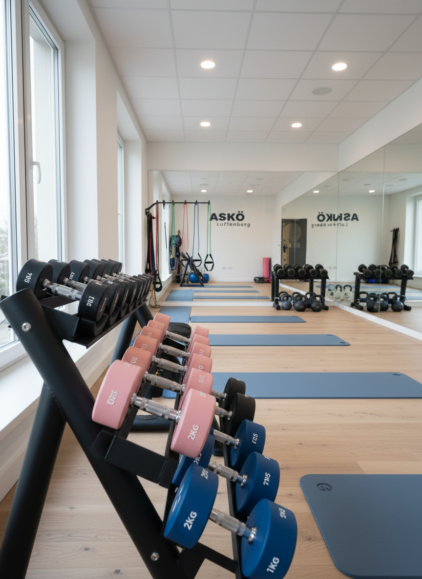 A modern, well-equipped fitness room associated with ASKÖ Luftenberg, portrayed in clean photographic realism. In the foreground, a set of color-coded free weights rests on a sleek black rack, each dumbbell’s matte texture and printed weight markings clearly visible. Behind them, a row of neatly aligned exercise mats in muted blues and greys lies on light wood flooring, leading toward a mirrored wall that reflects additional equipment like resistance bands and kettlebells, but no people. Large windows on one side admit bright, natural daylight that combines with understated ceiling lights, creating soft, balanced illumination without harsh glare. The mood is motivating yet orderly, emphasizing health and structured training. Shot from a slightly elevated, wide-angle perspective with sharp focus throughout, the composition feels open, professional, and inviting for members of all fitness levels.